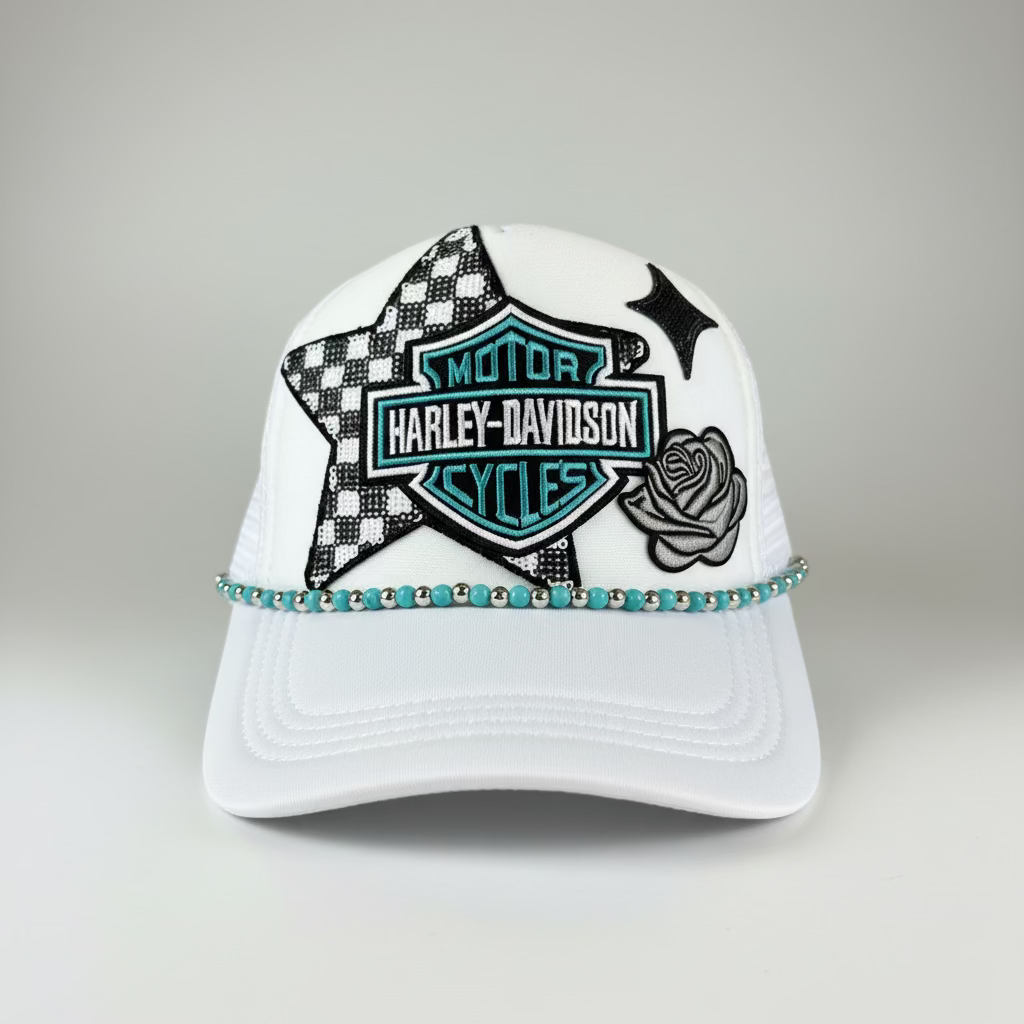 Teal and white Harley trucker hat